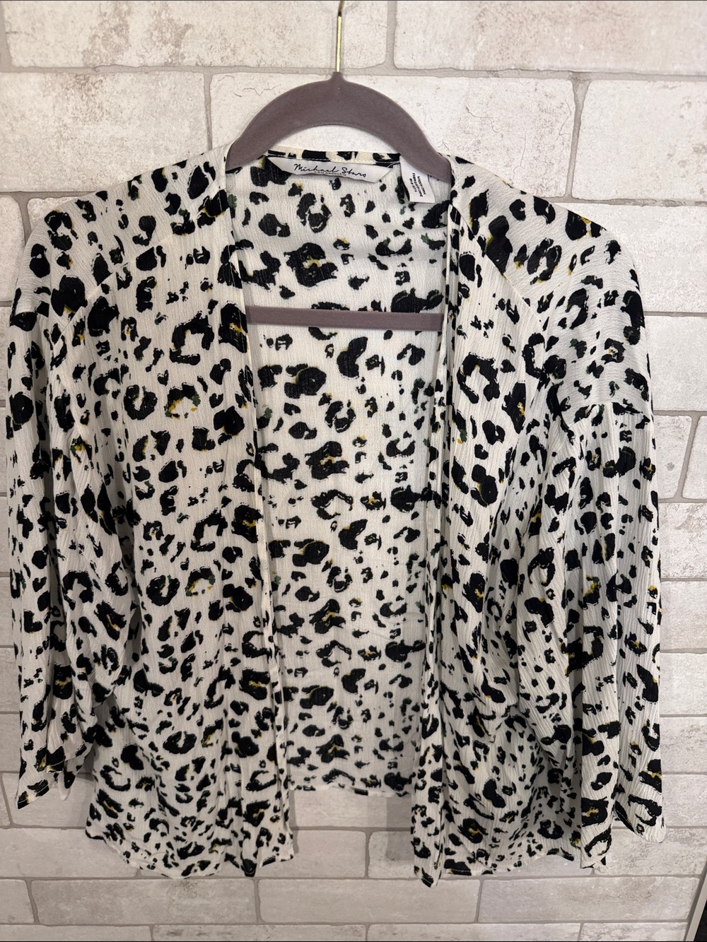 Michael Stars White Black Leopard-Print Open Cardigan with Gold Accents